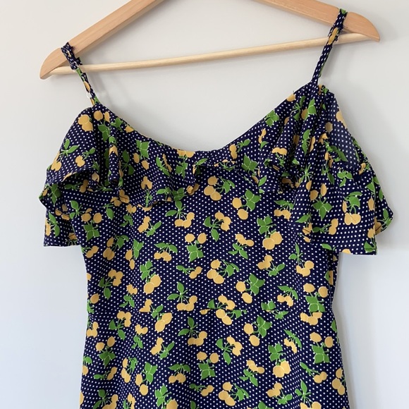 Navy Blue Polka Dot Cold Shoulder Dress - Picture 4 of 15